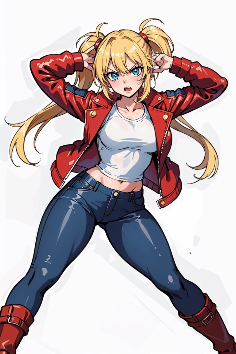 1 girl, blonde hair, two pigtails, blue eyes,red leather jacket, white t-shirt, jeans, black boots, solo, upper body,(masterpiece:1.4(bestquality:1.4),,extremely_beautiful_detailed_anime_face_and_eyes,an extremely delicate and beautiful,Watercolor, Ink, epic, angry, simple background, white_background, (pose visual novel:1.4),(character design:1.4)