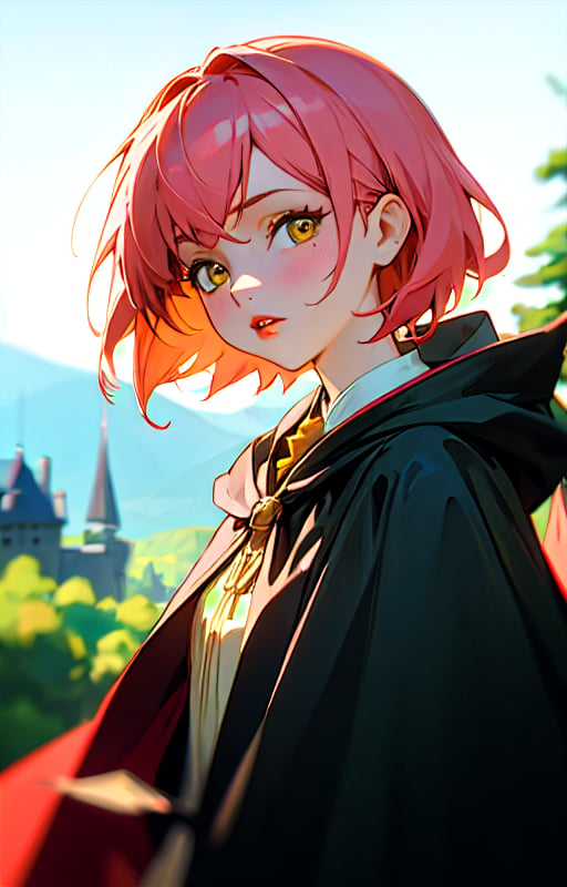 1girl, short pink hair,(hufflepuff House Cloak),( inner cloak yellow:1), (outer cloack black:1),yellow eyes, looking at viewer, solo, upper body,(masterpiece:1.4),(best quality:1.4),red lips,parted lips, exterior forest and mountains, castle,hogwarts castle:1,dramatic shadows,extremely_beautiful_detailed_anime_face_and_eyes,an extremely delicate and beautiful,dynamic angle, cinematic camera, dynamic pose,depth of field,chromatic aberration,anime,3DMM