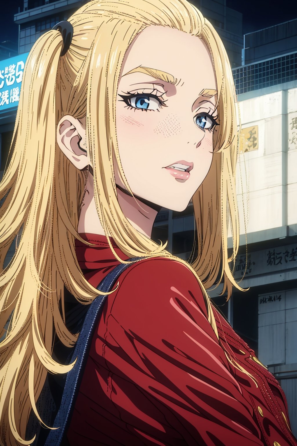 1 girl, blonde hair, two pigtails, blue eyes,red leather jacket, white t-shirt, jeans, black boots, solo, (medium_shot:1.4),(masterpiece:1.4(bestquality:1.4),(extremely_beautiful_detailed_anime_face_and_eyes:1.4),an extremely delicate and beautiful,Watercolor, Ink, epic, tokyo cyberpunk night,trgirl