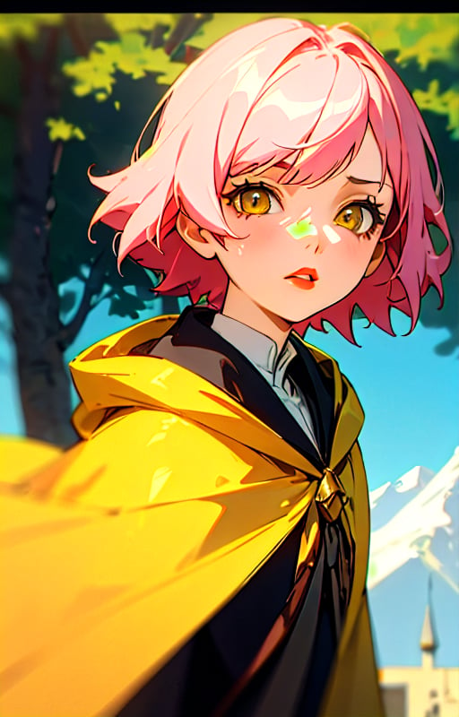 1girl, short pink hair,(hufflepuff House Cloak),( inner cloak yellow:1), (outer cloack black:1),yellow eyes, looking at viewer, solo, upper body,(masterpiece:1.4),(best quality:1.4),red lips,parted lips, exterior forest and mountains, castle,hogwarts castle:1,dramatic shadows,extremely_beautiful_detailed_anime_face_and_eyes,an extremely delicate and beautiful,dynamic angle, cinematic camera, dynamic pose,depth of field,chromatic aberration,anime,3DMM