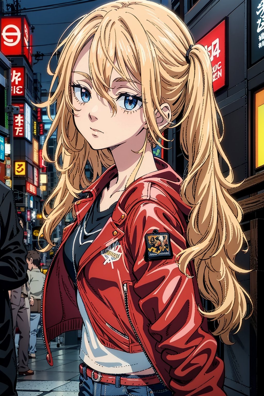 1 girl, blonde hair, two pigtails, blue eyes,red leather jacket, white t-shirt, jeans, black boots, solo, (medium_shot:1.4),(masterpiece:1.4(bestquality:1.4),(extremely_beautiful_detailed_anime_face_and_eyes:1.4),an extremely delicate and beautiful,Watercolor, Ink, epic, tokyo cyberpunk night,