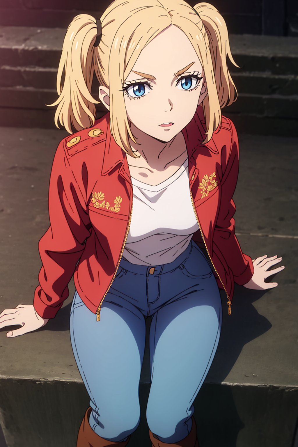 1 girl, blonde hair, two pigtails, blue eyes,red leather jacket, white t-shirt, jeans, black boots, solo, (medium_shot:1.4),(masterpiece:1.4(bestquality:1.4),(extremely_beautiful_detailed_anime_face_and_eyes:1.4),an extremely delicate and beautiful,Watercolor, Ink, epic, tokyo cyberpunk night,trgirl