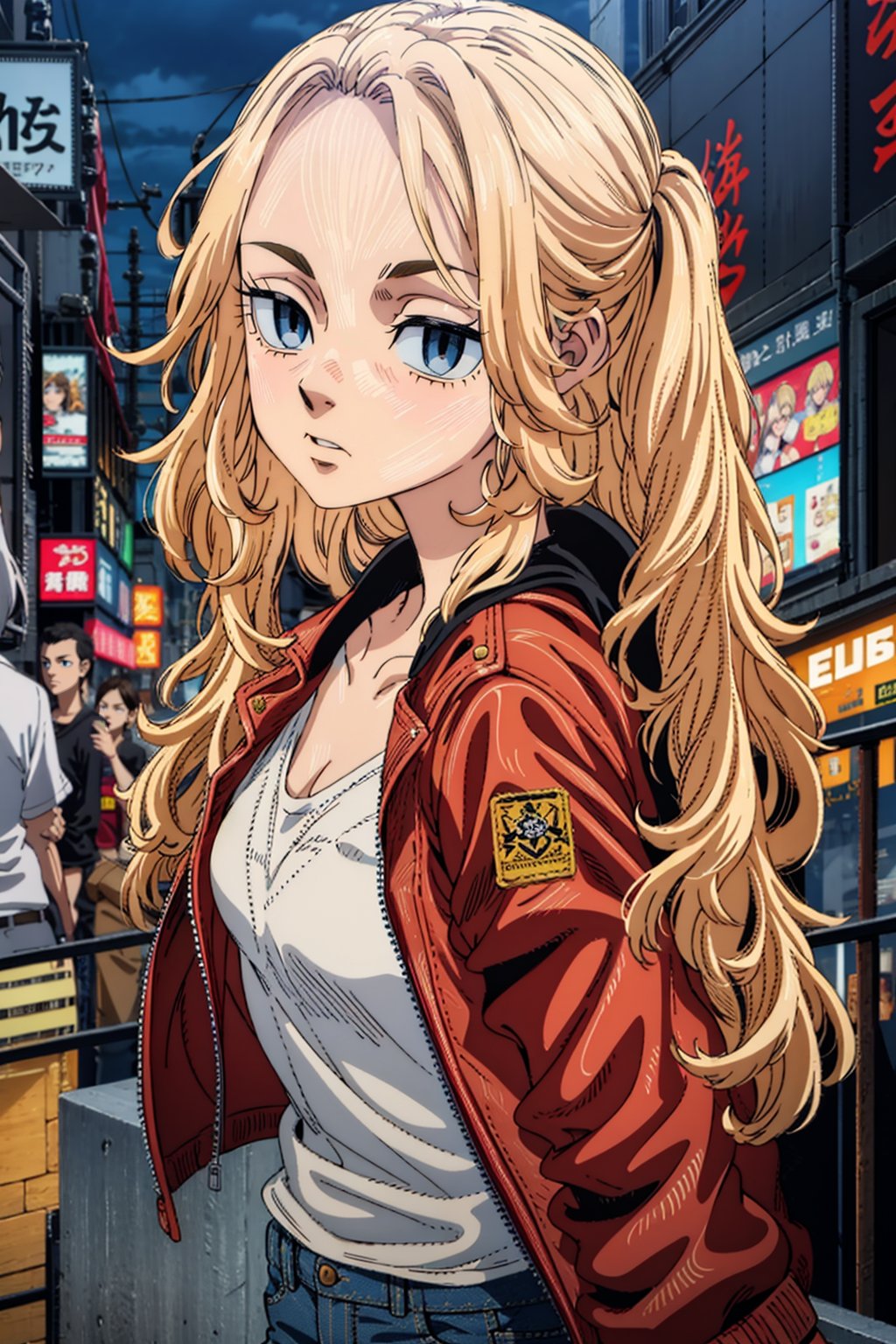 1 girl, blonde hair, two pigtails, blue eyes,red leather jacket, white t-shirt, jeans, black boots, solo, (medium_shot:1.4),(masterpiece:1.4(bestquality:1.4),(extremely_beautiful_detailed_anime_face_and_eyes:1.4),an extremely delicate and beautiful,Watercolor, Ink, epic, tokyo cyberpunk night,