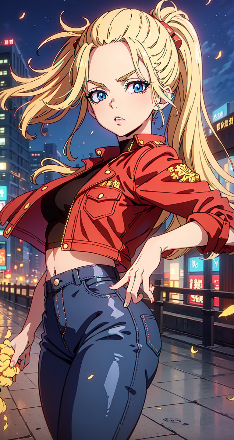 (Masterpiece, Best Quality:1.3), absurdres,(Ultra-detailed portrait), 2d, Traditional Media, NinjaScroll, official art, centered, wide shot, 1 girl, blonde hair, two pigtails, blue eyes,red leather jacket, white t-shirt, jeans, black boots, solo,(looking at viewer), detailed eyes, close up:0.2, (full angle view), relaxed pose, perfect face, eye contact, focus face, lips:0.5, standing, dynamic, beautiful, cinematic, sharp focus, (Details:1.2), (depth of field), ((wind blowing)), yellow petals, scenery, fireflies:0.1, night sky, nature, (night, dark:1.3), [electricity],highly detailed, film grain:0.6, (shiny), intricate design, 85mm, east asian architecture, east asian architecture, building, ((volumetric lighting)), high contrast:0.3, glowing:0.7, 90's anime style, extremely detailed background, (sharp focus), thick lineart, ,retro artstyle,traditional media,ninjascroll,trgirl,