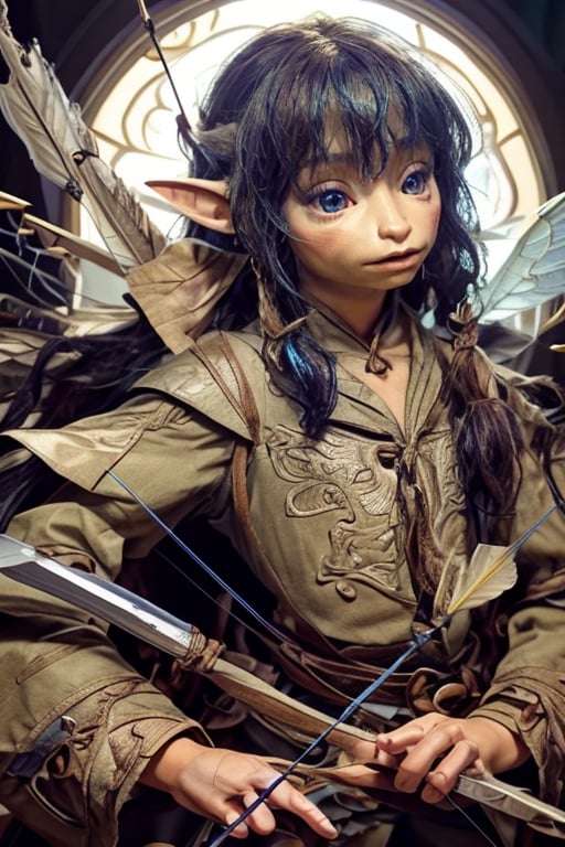 ((Female )),(real),(masterpiece:1.4), (best qualit:1.4), (high resolution:1.4),young, cowboy shot,archer gelfling, archer, fairy wings,quiver with arrows, arrow in hand,dramatic shadows, dynamic angle, cinematic camera, dynamic pose, dramatic angle, depth of field,  chromatic aberration, interior,,dynamic pose, adventure,photorealistic,analog,realism,gelfling