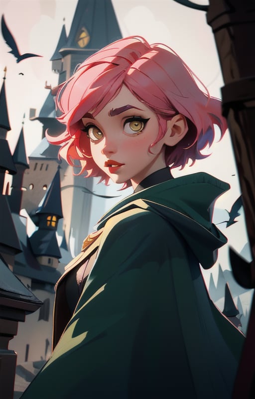 1girl,  short pink hair,  (hufflepuff House Cloak) by tabris20 on Tensor.Art