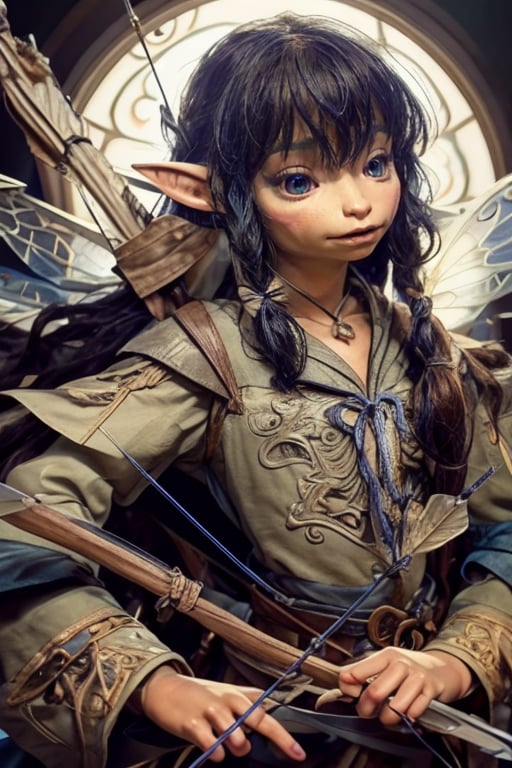 ((Female )),(real),(masterpiece:1.4), (best qualit:1.4), (high resolution:1.4),young, cowboy shot,archer gelfling, archer, fairy wings,quiver with arrows, arrow in hand,dramatic shadows, dynamic angle, cinematic camera, dynamic pose, dramatic angle, depth of field,  chromatic aberration, interior,,dynamic pose, adventure,photorealistic,analog,realism,gelfling