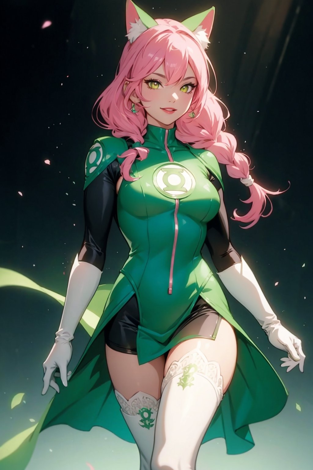 1girl, Portrait of the beautiful Lopadex, athletic, green lantern dress:1.2, pink hair:1.2, yellow eyes:1.2, pink cat ears:1.2, white leather boots, white leather gloves, smiling,braids,make up,voluminous lighting, Best Quality, Masterpiece, intricate details, tonemapping, sharp-focus, hyper detailed, Trending on ArtStation, 