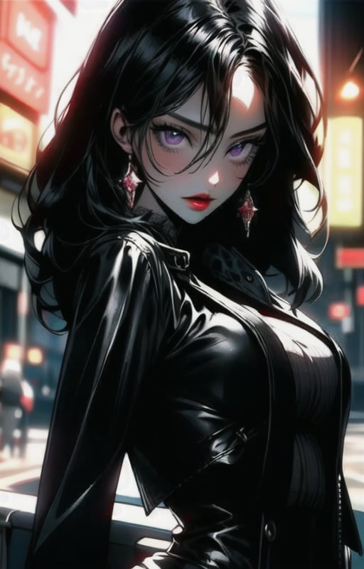 1girl, beautiful girl, long black hair:1.2, purple eyes, black leather pants, black leather corset, (large black leather trench coat:1.2), big breasts,looking at viewer, solo, upper body,(masterpiece:1.4),(best quality:1.4),red lips,parted lips, night city:1,street,night,vampire:1.2,dramatic shadows,extremely_beautiful_detailed_anime_face_and_eyes,an extremely delicate and beautiful,dynamic angle, cinematic camera, dynamic pose,depth of field,chromatic aberration,backlighting,Watercolor, Ink, epic, candystyle, ,style