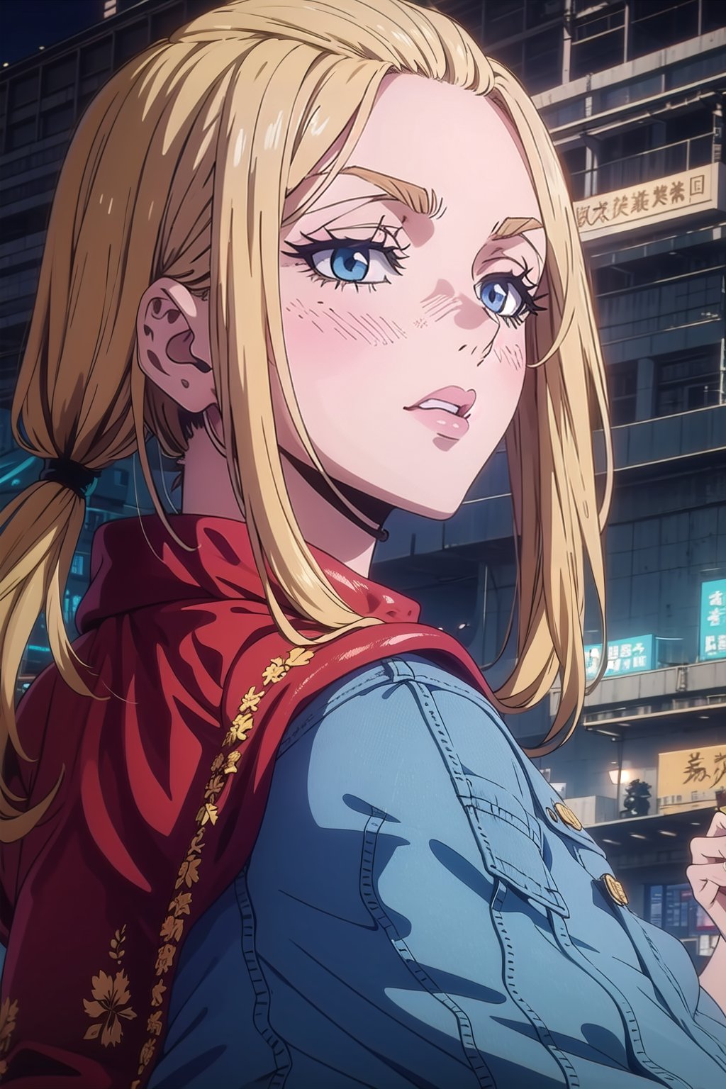 1 girl, blonde hair, two pigtails, blue eyes,red leather jacket, white t-shirt, jeans, black boots, solo, (medium_shot:1.4),(masterpiece:1.4(bestquality:1.4),(extremely_beautiful_detailed_anime_face_and_eyes:1.4),an extremely delicate and beautiful,Watercolor, Ink, epic, tokyo cyberpunk night,trgirl,retro artstyle,traditional media