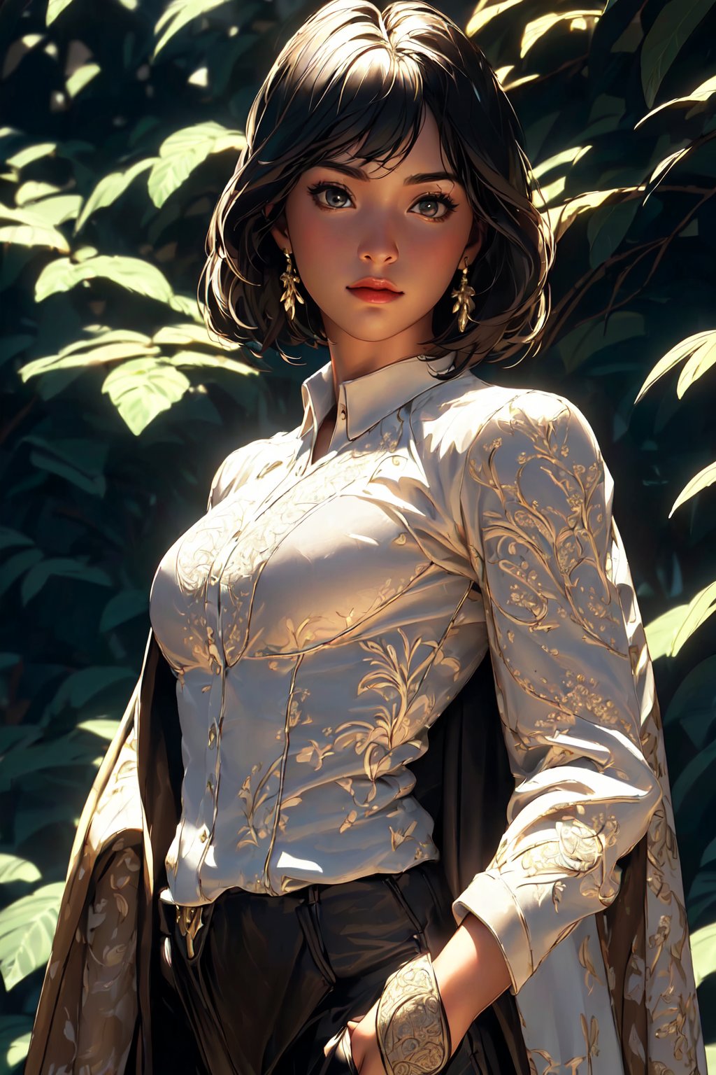 ultra realistic 8k cg, masterpiece, ((ultra detailed background, delicate pattern, intricate detail)), (highly detailed, fine details), best quality, 1girl, (photorealistic:1.4),beautiful lighting, absurdres, RAW photo, film grain,16 year old girl, short hair below ears, black hair, black pants, white shirt, mistborn cape,style