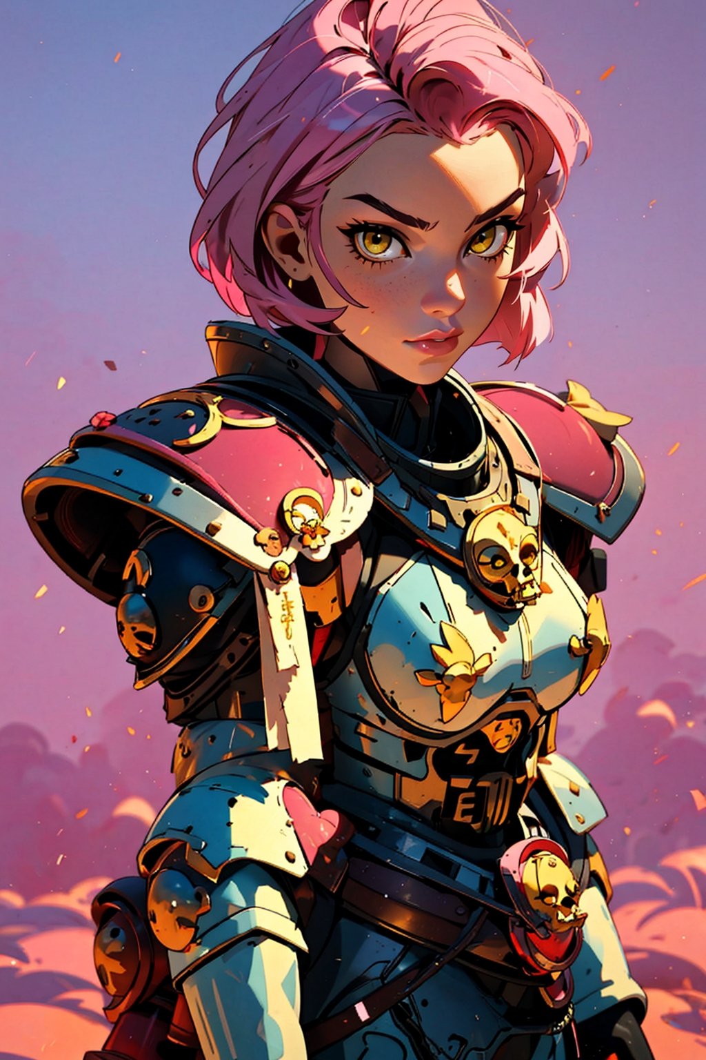 ((Masterpiece, best quality,)),1girl,edgAdepta, looking at viewer, lips, (short hair), (pink hair),(yellow eyes),wind background ,wearing edgAdepta,power armor,shoulder armor,skull emblem,EDGADEPTA,anime,1 girl,style,40kanime,Eda Clawthorne,