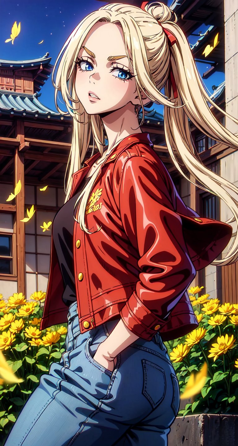 (Masterpiece, Best Quality:1.3), absurdres,(Ultra-detailed portrait), 2d, Traditional Media, NinjaScroll, official art, centered, wide shot, 1 girl, blonde hair, two pigtails, blue eyes,red leather jacket, white t-shirt, jeans, black boots, solo,(looking at viewer), detailed eyes, close up:0.2, (full angle view), relaxed pose, perfect face, eye contact, focus face, lips:0.5, standing, dynamic, beautiful, cinematic, sharp focus, (Details:1.2), (depth of field), ((wind blowing)), yellow petals, scenery, fireflies:0.1, night sky, nature, (night, dark:1.3), [electricity],highly detailed, film grain:0.6, (shiny), intricate design, 85mm, east asian architecture, east asian architecture, building, ((volumetric lighting)), high contrast:0.3, glowing:0.7, 90's anime style, extremely detailed background, (sharp focus), thick lineart, ,retro artstyle,traditional media,ninjascroll,trgirl,