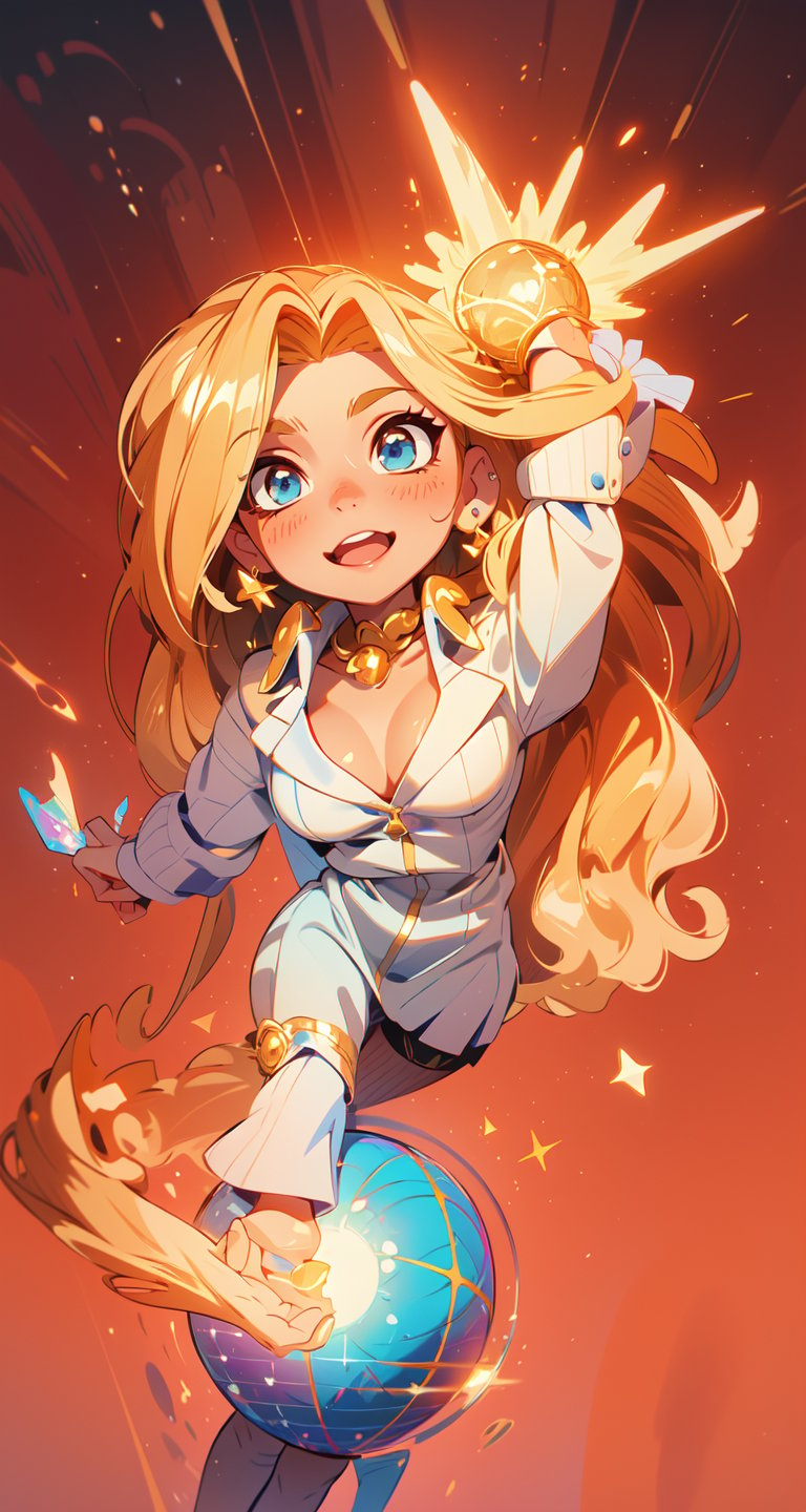 (windy background), (best detailed), (best lighting), ( ultra-detailed), (best quality), In a radiant, ultra-detailed masterpiece, a stunning girl with long, blondie hair and piercing blue eyes shines bright. Dressed in a dazzling white suit adorned with glittery accents, she exudes confidence as she holds a microphone in hand. A touch of glamour comes from her gold ear rings and pearl necklace. Against a backdrop of fiery sparks and a spinning disco ball, this chibi-inspired scene is nothing short of mesmerizing,perfect smooth skin, detailed skin,style