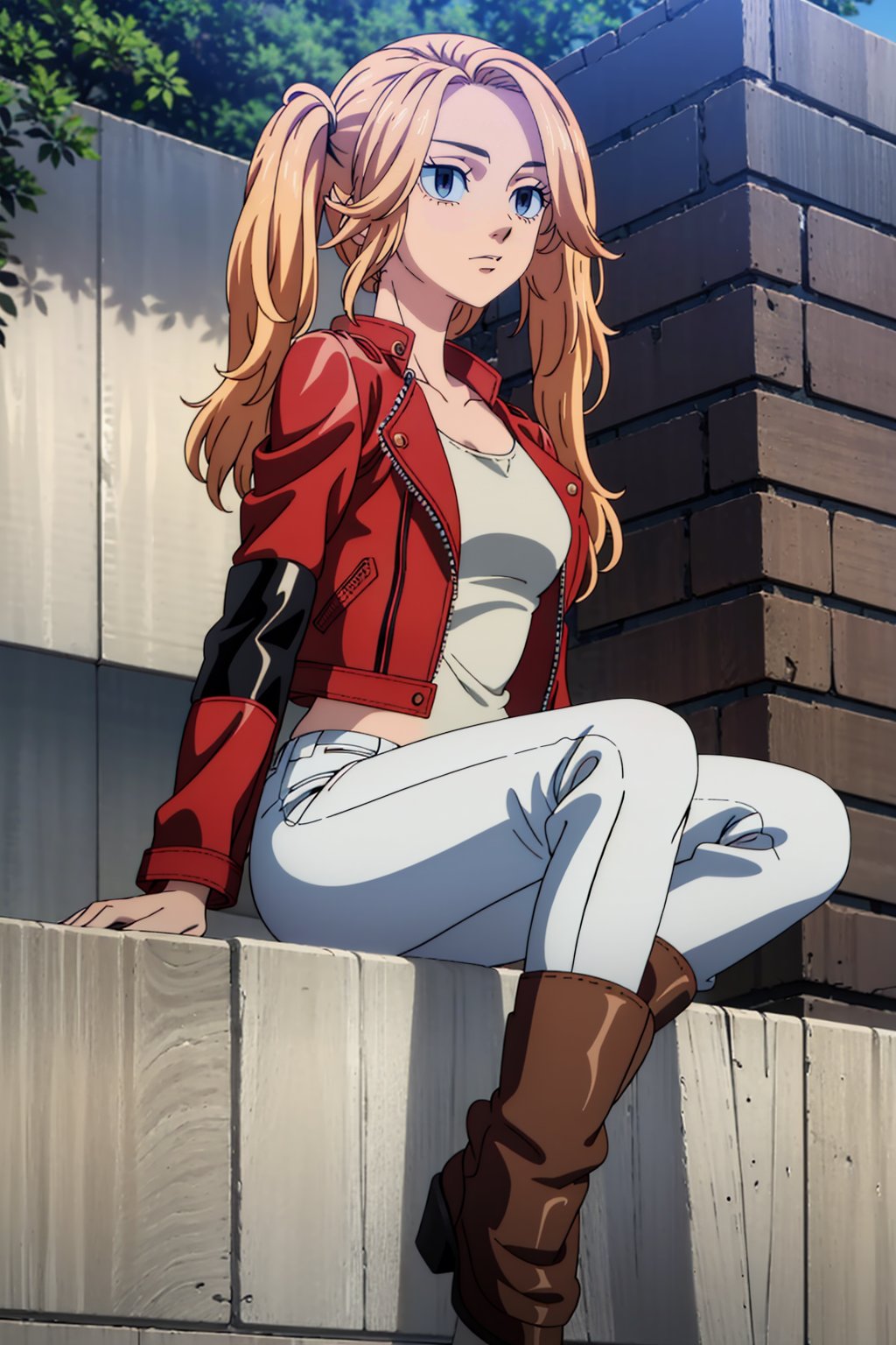 ((1 female))l, full body, blonde hair, ( two long pigtails:1.4), blue eyes, white t-shirt, jeans, black boots,(red leather jacket:1.4),beautiful girl with attention to detail, beautiful delicate eyes, detailed face, beautiful eyes,Beautiful Pose, Natural Light, ((Real) ) Quality: 1.2 )), Cinematic Lighting, Perfect Composition, Super Detail, Official Art, Masterpiece, (Best Quality: 1.3), Reflection, High Resolution CG Unity 8K Wallpaper, Detailed Background, Masterpiece, (Photorealistic): 1.2), Random Angle, Side Angle, ,anime,Retro,ink