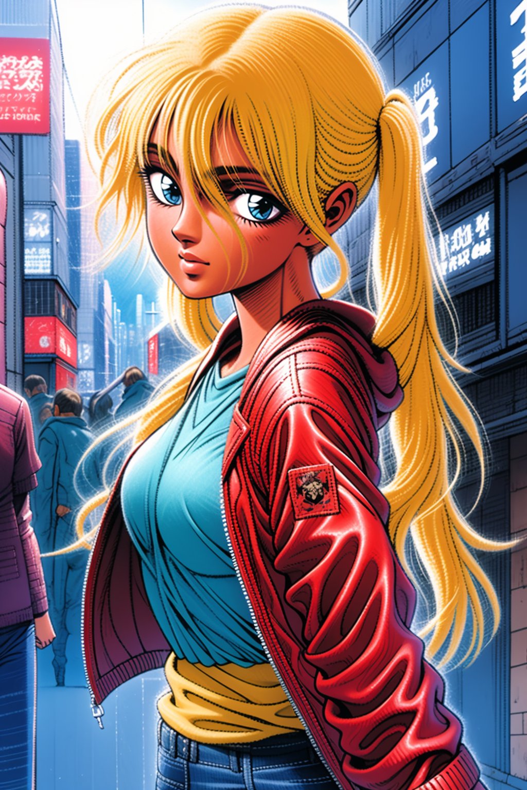 1 girl, blonde hair, (two long pigtails:1.4), blue eyes,(red leather jacket:1.2), white t-shirt, jeans, black boots, solo, (medium_shot:1.4),(masterpiece:1.4(bestquality:1.4),(extremely_beautiful_detailed_anime_face_and_eyes:1.4),an extremely delicate and beautiful,Watercolor, Ink, epic, tokyo cyberpunk night,