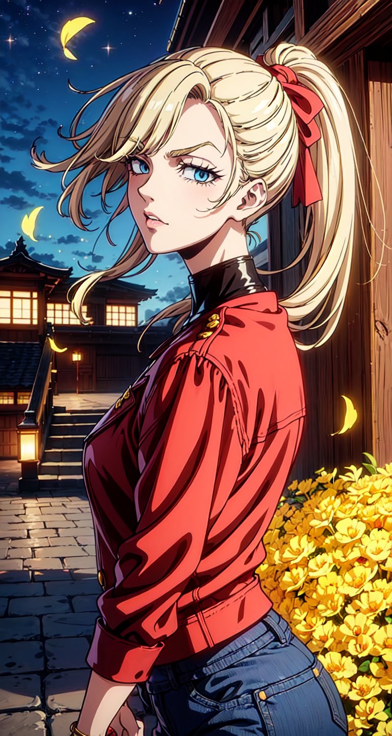 (Masterpiece, Best Quality:1.3), absurdres,(Ultra-detailed portrait), 2d, Traditional Media, NinjaScroll, official art, centered, wide shot, 1 girl, blonde hair, two pigtails, blue eyes,red leather jacket, white t-shirt, jeans, black boots, solo,(looking at viewer), detailed eyes, close up:0.2, (full angle view), relaxed pose, perfect face, eye contact, focus face, lips:0.5, standing, dynamic, beautiful, cinematic, sharp focus, (Details:1.2), (depth of field), ((wind blowing)), yellow petals, scenery, fireflies:0.1, night sky, nature, (night, dark:1.3), [electricity],highly detailed, film grain:0.6, (shiny), intricate design, 85mm, east asian architecture, east asian architecture, building, ((volumetric lighting)), high contrast:0.3, glowing:0.7, 90's anime style, extremely detailed background, (sharp focus), thick lineart, ,retro artstyle,traditional media,ninjascroll,trgirl,