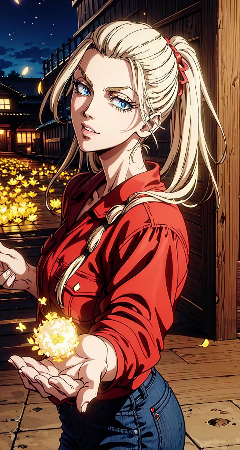 (Masterpiece, Best Quality:1.3), absurdres,(Ultra-detailed portrait), 2d, Traditional Media, NinjaScroll, official art, centered, wide shot, 1 girl, blonde hair, two pigtails, blue eyes,red leather jacket, white t-shirt, jeans, black boots, solo,(looking at viewer), detailed eyes, close up:0.2, (full angle view), relaxed pose, perfect face, eye contact, focus face, lips:0.5, standing, dynamic, beautiful, cinematic, sharp focus, (Details:1.2), (depth of field), ((wind blowing)), yellow petals, scenery, fireflies:0.1, night sky, nature, (night, dark:1.3), [electricity],highly detailed, film grain:0.6, (shiny), intricate design, 85mm, east asian architecture, east asian architecture, building, ((volumetric lighting)), high contrast:0.3, glowing:0.7, 90's anime style, extremely detailed background, (sharp focus), thick lineart, ,retro artstyle,traditional media,ninjascroll,trgirl,