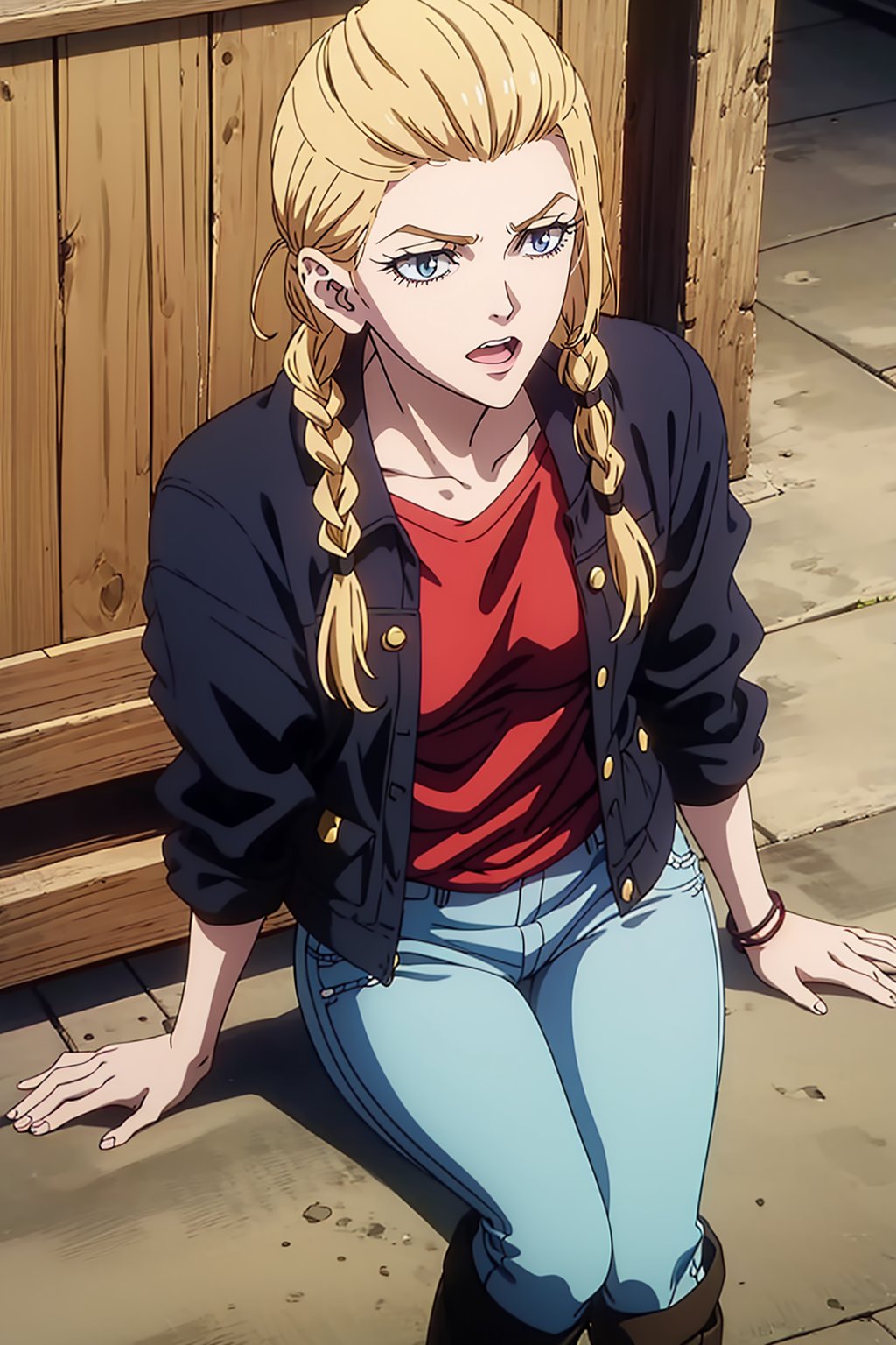 1 girl, blonde hair, two pigtails, blue eyes,red leather jacket, white t-shirt, jeans, black boots, solo, (medium_shot:1.4),(masterpiece:1.4(bestquality:1.4),(extremely_beautiful_detailed_anime_face_and_eyes:1.4),an extremely delicate and beautiful,Watercolor, Ink, epic, tokyo cyberpunk night,trgirl,90's anime style,ninjascroll,Traditional Media