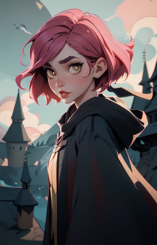 1girl,  short pink hair,  (hufflepuff House Cloak) by tabris20 on Tensor.Art
