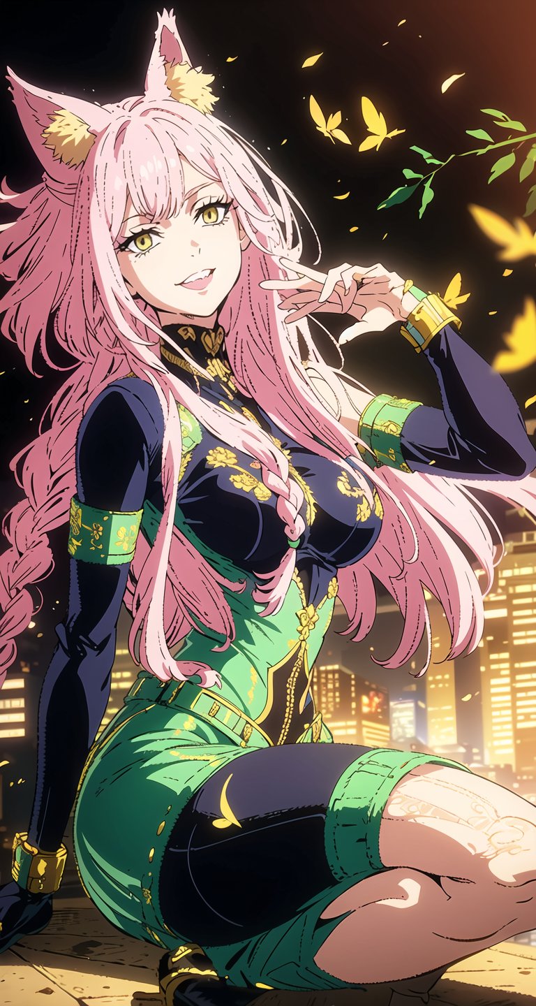 (Masterpiece, Best Quality:1.3), absurdres,(Ultra-detailed portrait), 2d, Traditional Media, NinjaScroll, official art, centered, wide shot, Portrait of the beautiful Lopadex, athletic, green lantern dress:1.2, pink hair:1.2, yellow eyes:1.2, pink cat ears:1.2, white leather boots, white leather gloves, smiling,braids,make up,, solo,(looking at viewer), detailed eyes, close up:0.2, (full angle view), relaxed pose, perfect face, eye contact, focus face, lips:0.5, standing, dynamic, beautiful, cinematic, sharp focus, (Details:1.2), (depth of field), ((wind blowing)), yellow petals, scenery, fireflies:0.1, night sky, nature, (night, dark:1.3), [electricity],highly detailed, film grain:0.6, (shiny), intricate design, 85mm, east asian architecture, east asian architecture, building, ((volumetric lighting)), high contrast:0.3, glowing:0.7, 90's anime style, extremely detailed background, (sharp focus), thick lineart, ,retro artstyle,traditional media,ninjascroll,trgirl,AgoonGirl