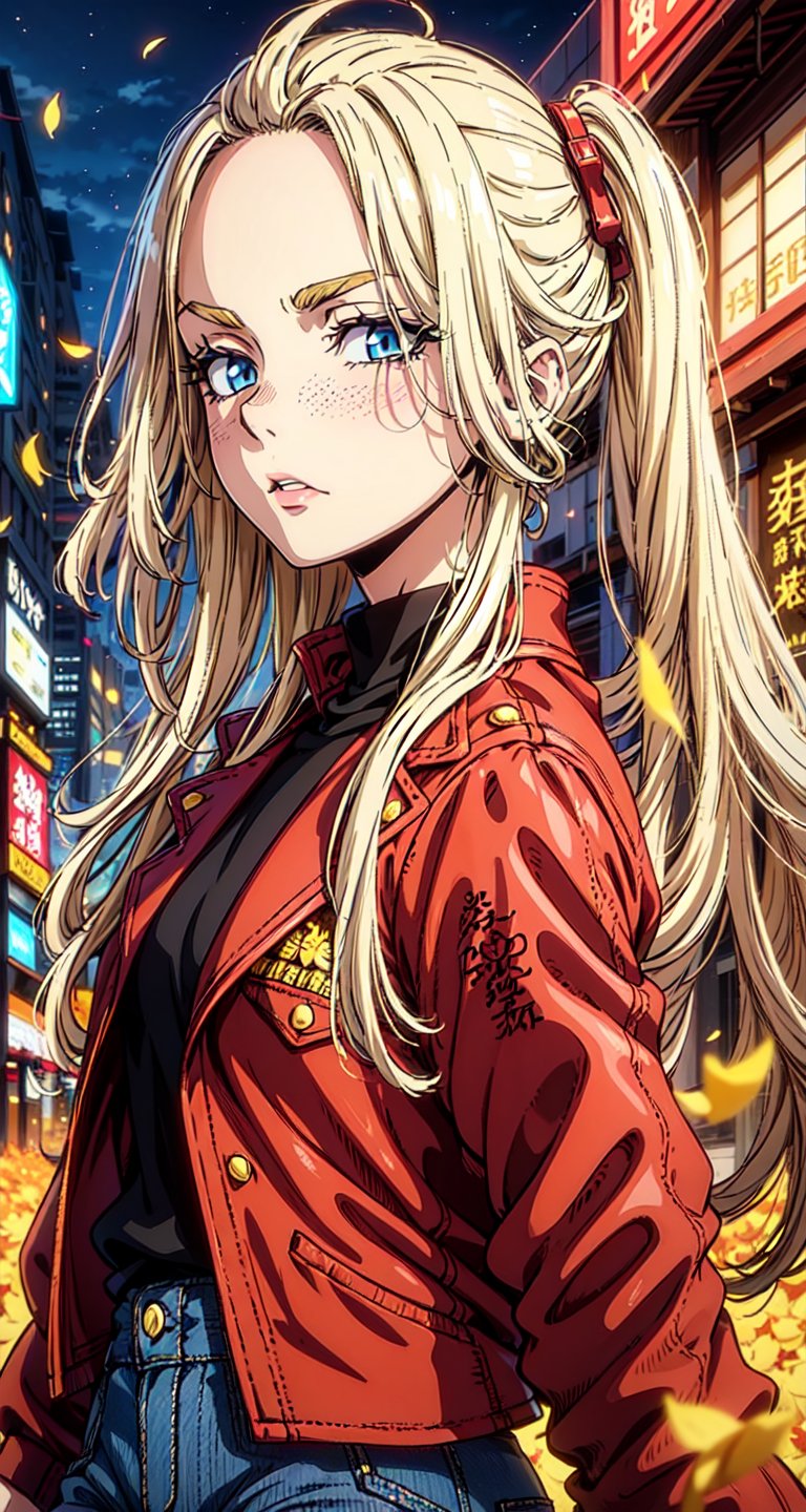 (Masterpiece, Best Quality:1.3), absurdres,(Ultra-detailed portrait), 2d, Traditional Media, NinjaScroll, official art, centered, wide shot, 1 girl, blonde hair, two pigtails, blue eyes,red leather jacket, white t-shirt, jeans, black boots, solo,(looking at viewer), detailed eyes, close up:0.2, (full angle view), relaxed pose, perfect face, eye contact, focus face, lips:0.5, standing, dynamic, beautiful, cinematic, sharp focus, (Details:1.2), (depth of field), ((wind blowing)), yellow petals, scenery, fireflies:0.1, night sky, nature, (night, dark:1.3), [electricity],highly detailed, film grain:0.6, (shiny), intricate design, 85mm, east asian architecture, east asian architecture, building, ((volumetric lighting)), high contrast:0.3, glowing:0.7, 90's anime style, extremely detailed background, (sharp focus), thick lineart, ,retro artstyle,traditional media,ninjascroll,trgirl,