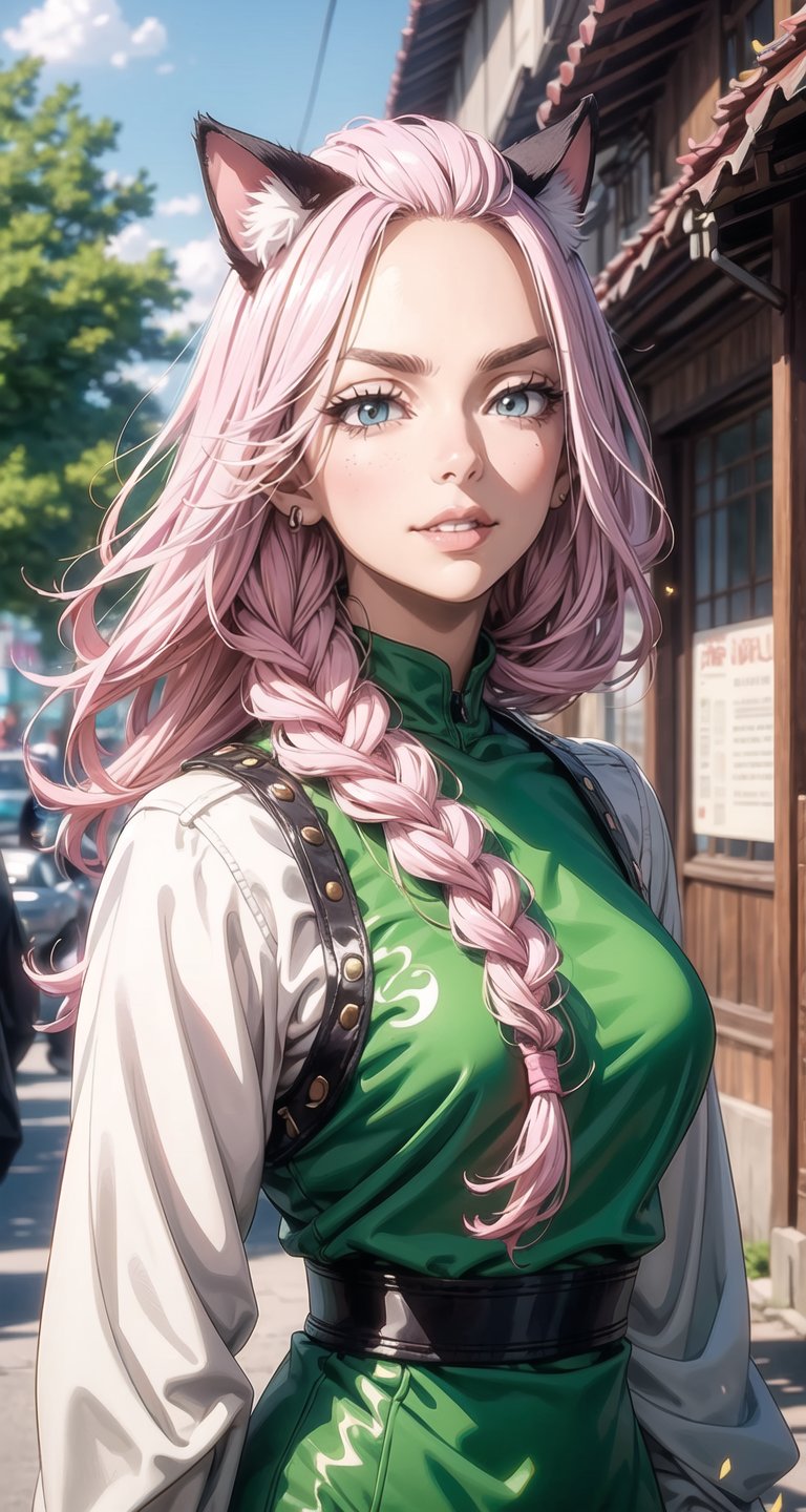 (Masterpiece, Best Quality:1.3), absurdres,(Ultra-detailed portrait), 2d, Traditional Media, NinjaScroll, official art, centered, wide shot, Portrait of the beautiful Lopadex, athletic, green lantern dress:1.2, pink hair:1.2, yellow eyes:1.2, pink cat ears:1.2, white leather boots, white leather gloves, smiling,braids,make up,, solo,(looking at viewer), detailed eyes, close up:0.2, (full angle view), relaxed pose, perfect face, eye contact, focus face, lips:0.5, standing, dynamic, beautiful, cinematic, sharp focus, (Details:1.2), (depth of field), ((wind blowing)), yellow petals, scenery, fireflies:0.1, night sky, nature, (night, dark:1.3), [electricity],highly detailed, film grain:0.6, (shiny), intricate design, 85mm, east asian architecture, east asian architecture, building, ((volumetric lighting)), high contrast:0.3, glowing:0.7, 90's anime style, extremely detailed background, (sharp focus), thick lineart, ,retro artstyle,traditional media,ninjascroll,trgirl,