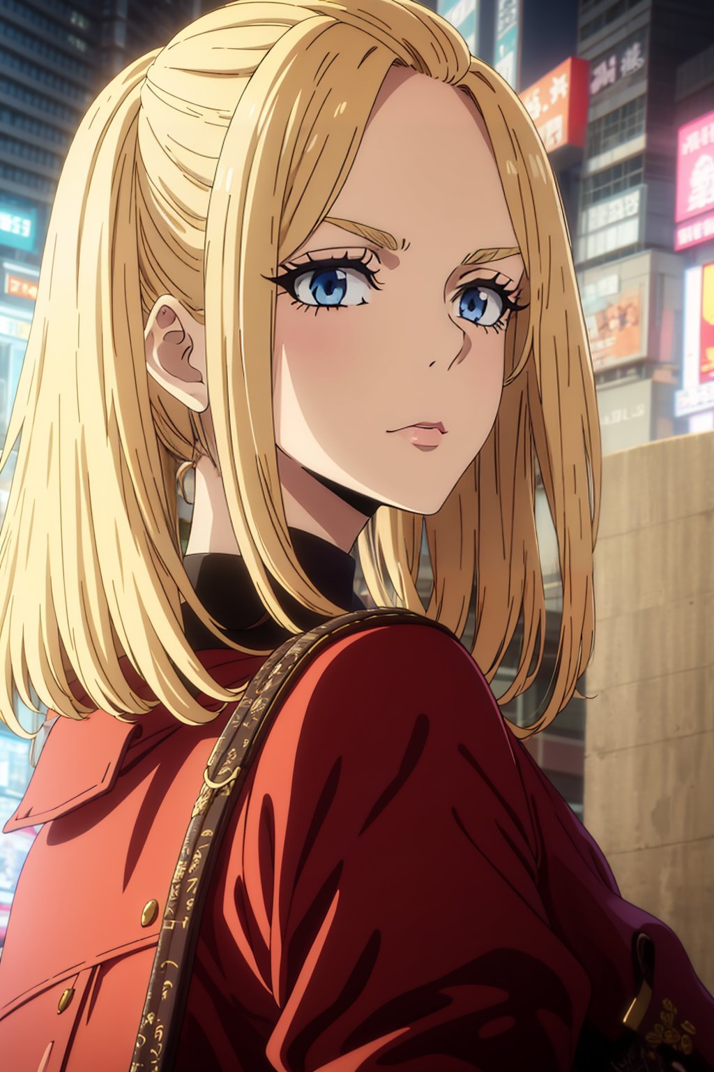 1 girl, blonde hair, two pigtails, blue eyes,red leather jacket, white t-shirt, jeans, black boots, solo, (medium_shot:1.4),(masterpiece:1.4(bestquality:1.4),(extremely_beautiful_detailed_anime_face_and_eyes:1.4),an extremely delicate and beautiful,Watercolor, Ink, epic, tokyo cyberpunk night,trgirl