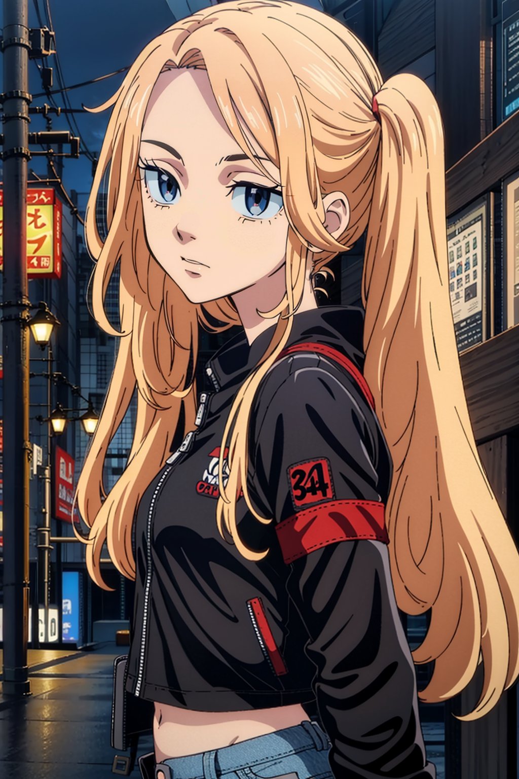 1 girl, blonde hair, two pigtails, blue eyes,red leather jacket, white t-shirt, jeans, black boots, solo, (medium_shot:1.4),(masterpiece:1.4(bestquality:1.4),(extremely_beautiful_detailed_anime_face_and_eyes:1.4),an extremely delicate and beautiful,Watercolor, Ink, epic, tokyo cyberpunk night,