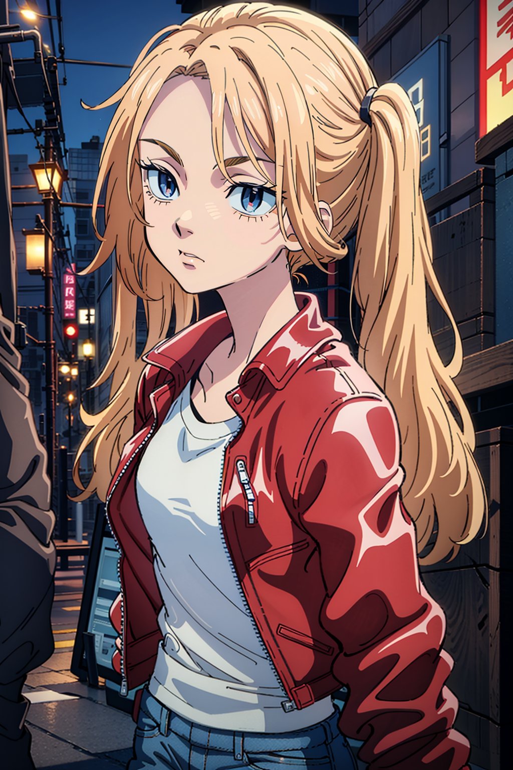 1 girl, blonde hair, two pigtails, blue eyes,red leather jacket, white t-shirt, jeans, black boots, solo, (medium_shot:1.4),(masterpiece:1.4(bestquality:1.4),(extremely_beautiful_detailed_anime_face_and_eyes:1.4),an extremely delicate and beautiful,Watercolor, Ink, epic, tokyo cyberpunk night,