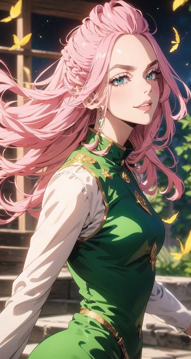 (Masterpiece, Best Quality:1.3), absurdres,(Ultra-detailed portrait), 2d, Traditional Media, NinjaScroll, official art, centered, wide shot, Portrait of the beautiful Lopadex, athletic, green lantern dress:1.2, pink hair:1.2, yellow eyes:1.2, pink cat ears:1.2, white leather boots, white leather gloves, smiling,braids,make up,, solo,(looking at viewer), detailed eyes, close up:0.2, (full angle view), relaxed pose, perfect face, eye contact, focus face, lips:0.5, standing, dynamic, beautiful, cinematic, sharp focus, (Details:1.2), (depth of field), ((wind blowing)), yellow petals, scenery, fireflies:0.1, night sky, nature, (night, dark:1.3), [electricity],highly detailed, film grain:0.6, (shiny), intricate design, 85mm, east asian architecture, east asian architecture, building, ((volumetric lighting)), high contrast:0.3, glowing:0.7, 90's anime style, extremely detailed background, (sharp focus), thick lineart, ,retro artstyle,traditional media,ninjascroll,trgirl,