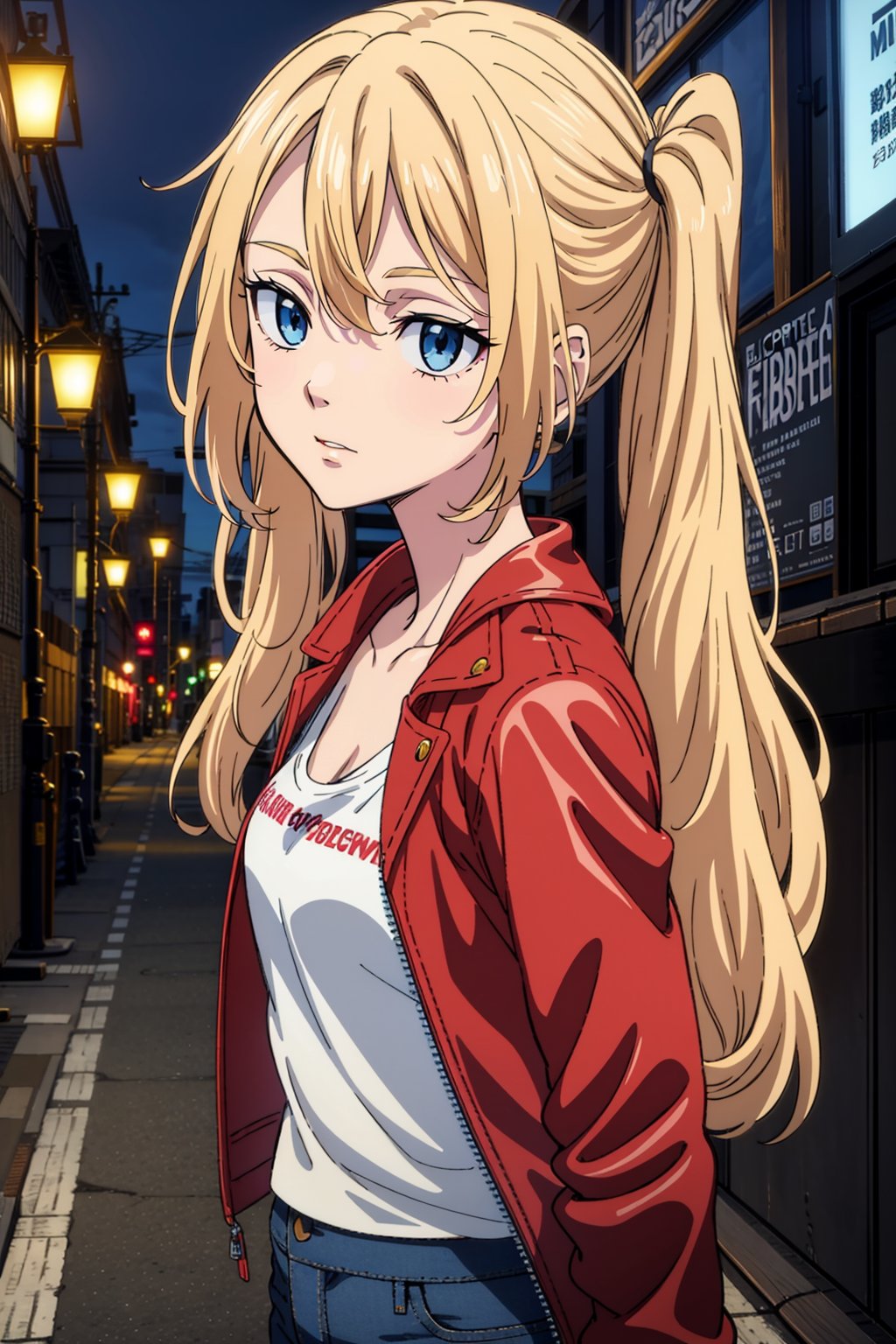 1 girl, blonde hair, two pigtails, blue eyes,red leather jacket, white t-shirt, jeans, black boots, solo, (medium_shot:1.4),(masterpiece:1.4(bestquality:1.4),(extremely_beautiful_detailed_anime_face_and_eyes:1.4),an extremely delicate and beautiful,Watercolor, Ink, epic, tokyo cyberpunk night,