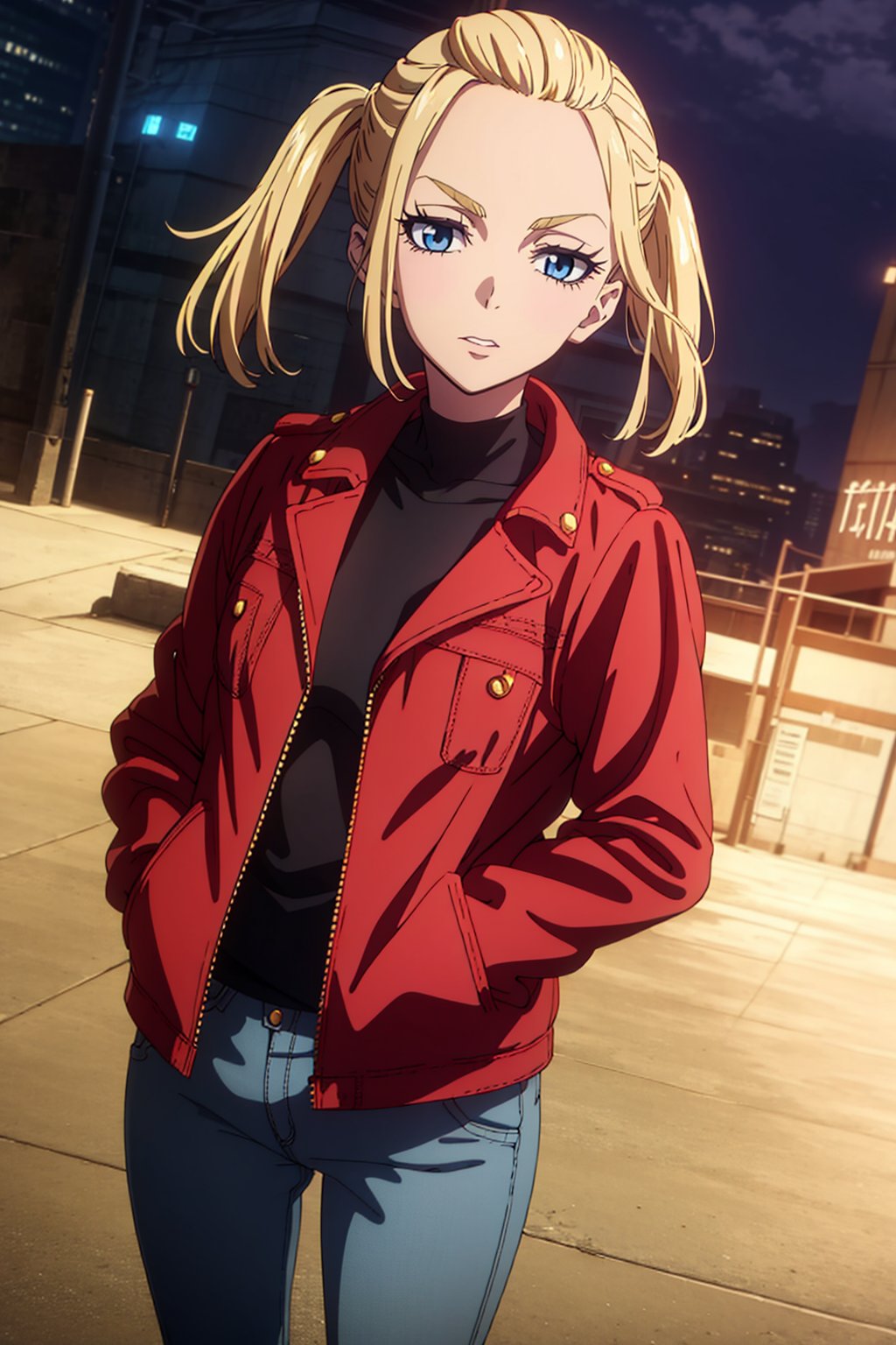 1 girl, blonde hair, two pigtails, blue eyes,red leather jacket, white t-shirt, jeans, black boots, solo, (medium_shot:1.4),(masterpiece:1.4(bestquality:1.4),(extremely_beautiful_detailed_anime_face_and_eyes:1.4),an extremely delicate and beautiful,Watercolor, Ink, epic, tokyo cyberpunk night,trgirl