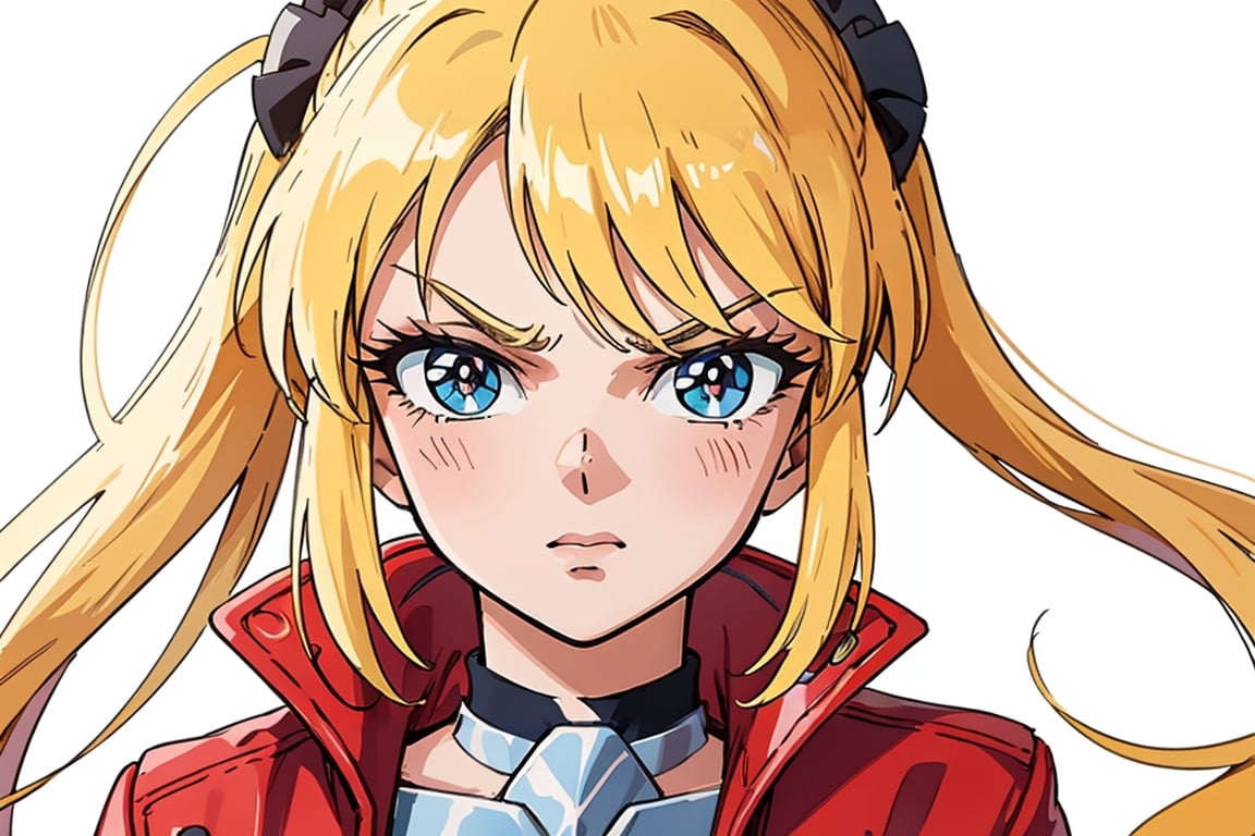 1 girl, blonde hair, two pigtails, blue eyes,red leather jacket, white t-shirt, jeans, black boots, solo, (medium_shot:1.4),(masterpiece:1.4(bestquality:1.4),(extremely_beautiful_detailed_anime_face_and_eyes:1.4),an extremely delicate and beautiful,Watercolor, Ink, epic, angry, simple background, white_background, 