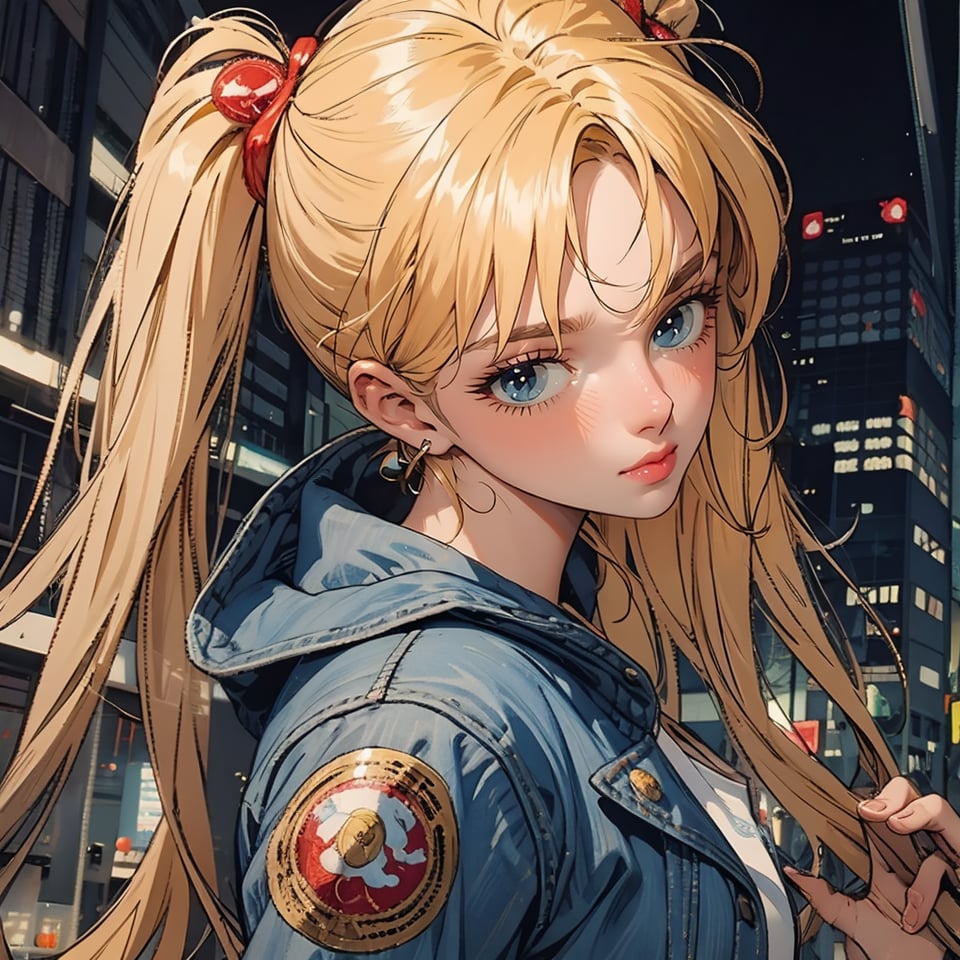 1 girl, blonde hair, two pigtails, blue eyes,red leather jacket, white t-shirt, jeans, black boots, solo, (medium_shot:1.4),(masterpiece:1.4(bestquality:1.4),(extremely_beautiful_detailed_anime_face_and_eyes:1.4),an extremely delicate and beautiful,Watercolor, Ink, epic, tokyo cyberpunk night,