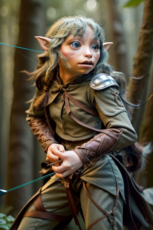 ((Female )),(real),(masterpiece:1.4), (best qualit:1.4), (high resolution:1.4),young, cowboy shot,(archer gelfling:1),( archer:1), bow and arrows ,dramatic shadows, dynamic angle, cinematic camera, dynamic pose, dramatic angle, depth of field,  chromatic aberration, in the forest,dynamic pose, adventure,photorealistic,analog,realism,gelfling