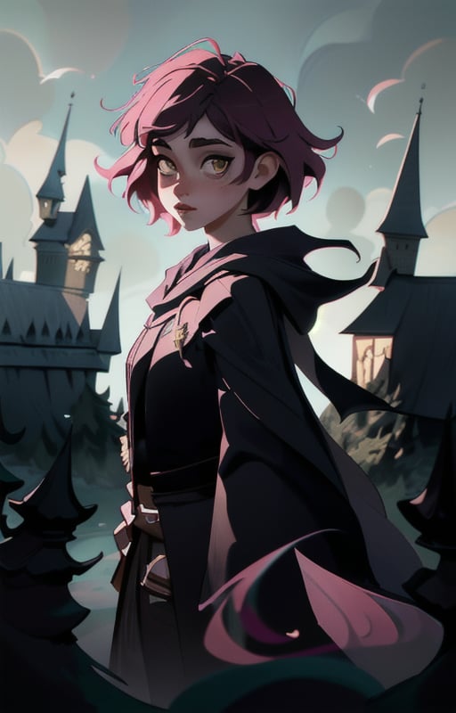 1girl,  short pink hair,  (hufflepuff House Cloak) by tabris20 on Tensor.Art