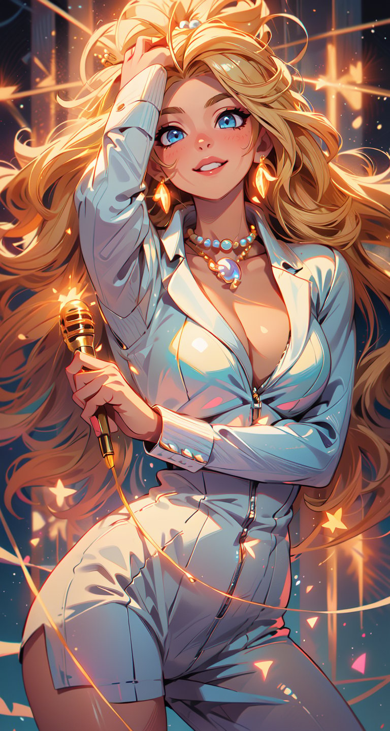 (windy background), (best detailed), (best lighting), ( ultra-detailed), (best quality), In a radiant, ultra-detailed masterpiece, a stunning girl with long, blondie hair and piercing blue eyes shines bright. Dressed in a dazzling white suit adorned with glittery accents, she exudes confidence as she holds a microphone in hand. A touch of glamour comes from her gold ear rings and pearl necklace. Against a backdrop of fiery sparks and a spinning disco ball, this chibi-inspired scene is nothing short of mesmerizing,perfect smooth skin, detailed skin,style