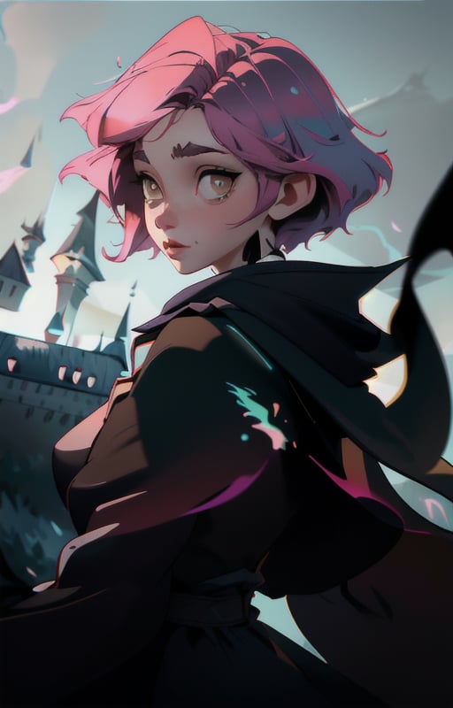 1girl,  short pink hair,  (hufflepuff House Cloak) by tabris20 on Tensor.Art