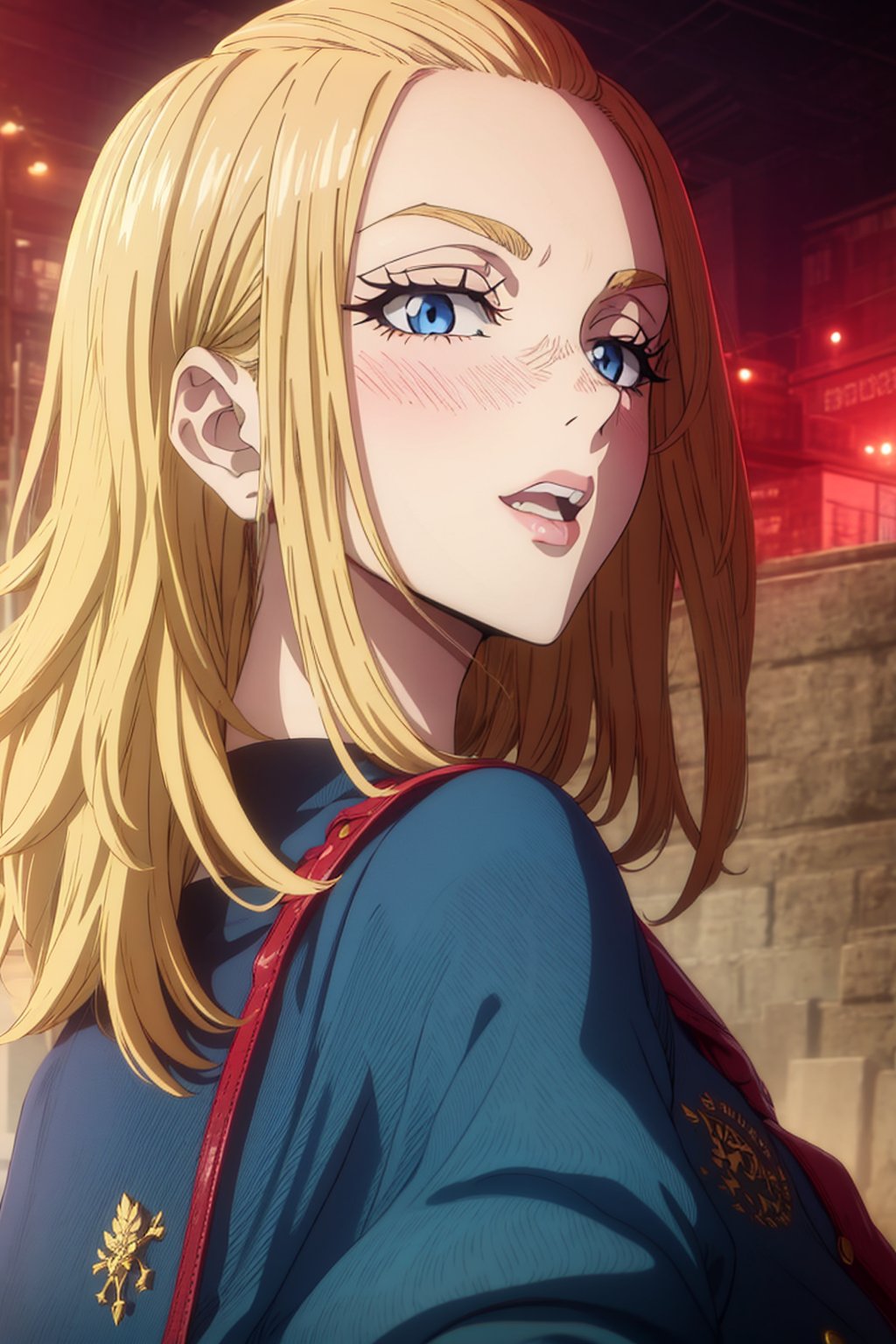 1 girl, blonde hair, two pigtails, blue eyes,red leather jacket, white t-shirt, jeans, black boots, solo, (medium_shot:1.4),(masterpiece:1.4(bestquality:1.4),(extremely_beautiful_detailed_anime_face_and_eyes:1.4),an extremely delicate and beautiful,Watercolor, Ink, epic, tokyo cyberpunk night,trgirl