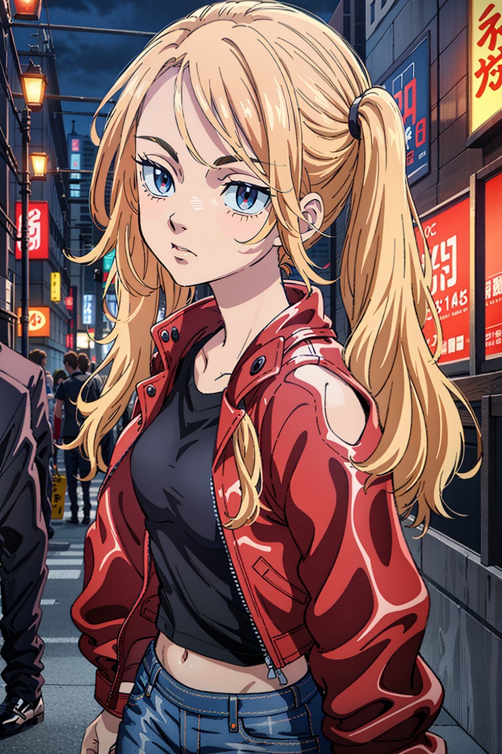 1 girl, blonde hair, two pigtails, blue eyes,red leather jacket, white t-shirt, jeans, black boots, solo, (medium_shot:1.4),(masterpiece:1.4(bestquality:1.4),(extremely_beautiful_detailed_anime_face_and_eyes:1.4),an extremely delicate and beautiful,Watercolor, Ink, epic, tokyo cyberpunk night,