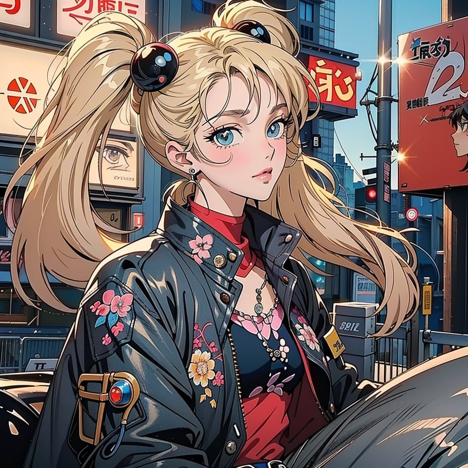 1 girl, blonde hair, two pigtails, blue eyes,red leather jacket, white t-shirt, jeans, black boots, solo, (medium_shot:1.4),(masterpiece:1.4(bestquality:1.4),(extremely_beautiful_detailed_anime_face_and_eyes:1.4),an extremely delicate and beautiful,Watercolor, Ink, epic, street tokyo cyberpunk night,(neon lights:1,4),(cigar in the mouth:1),