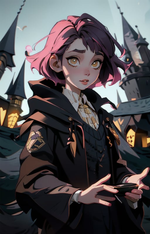 1girl,  short pink hair,  (hufflepuff House Cloak) by tabris20 on Tensor.Art