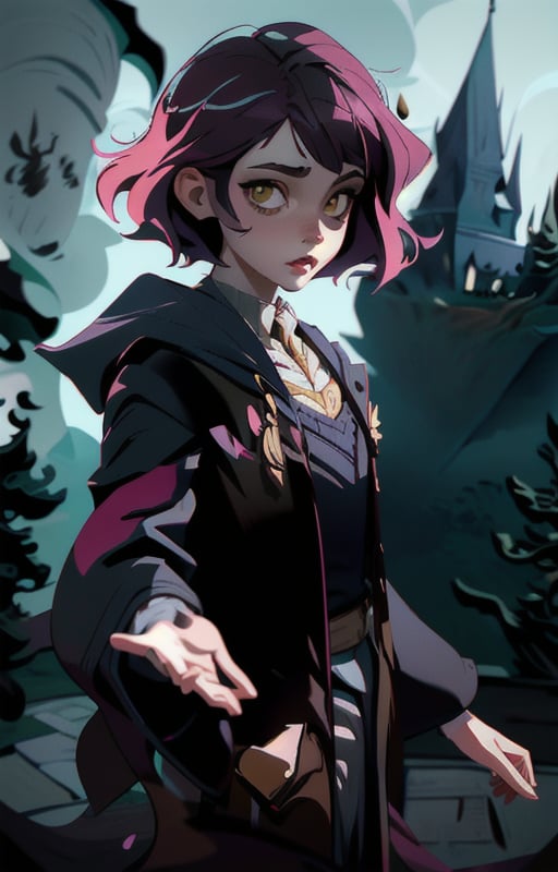 1girl,  short pink hair,  (hufflepuff House Cloak) by tabris20 on Tensor.Art
