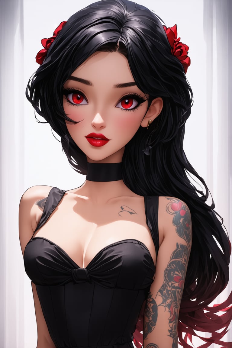  absurdres, highres, detailed, 8k uhd, masterpiece, best quality, high quality, ultra-detailed, (highly detailed), goth girl, 1girl, solo, looking at viewer, long hair, bare shoulders, (black hair, red hair, two-tone hair), tattoos, red eyes, full pouty lips, red makeup, black background, medium breasts, detailed clothes, revealing clothes, looking at viewer

,Comix_style