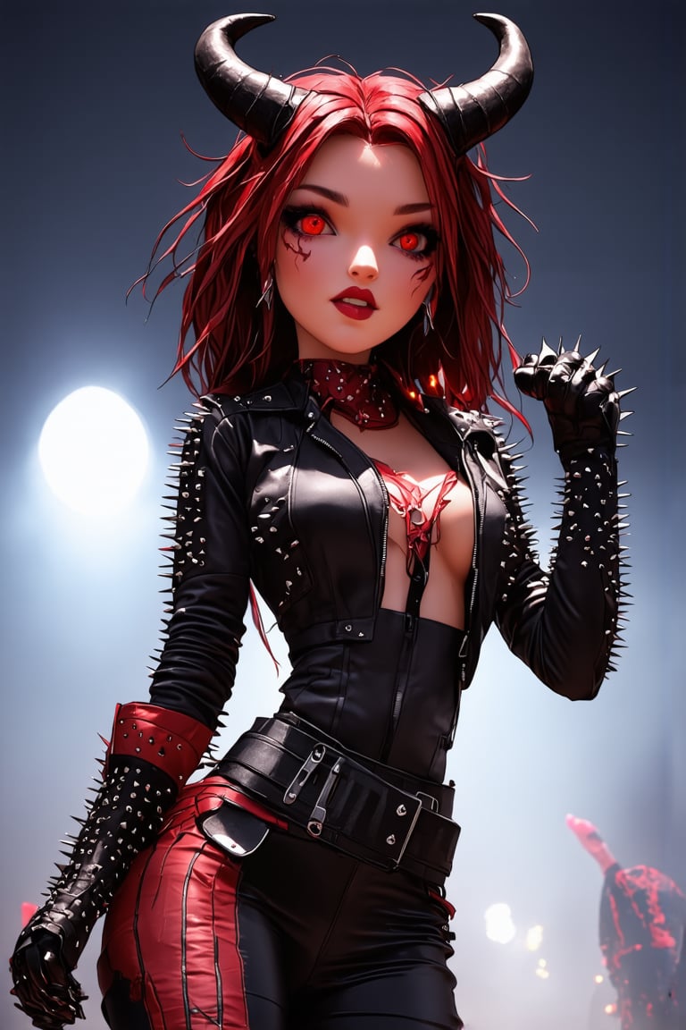 absurdres, highres, detailed, 8k uhd, masterpiece, best quality, high quality, ultra-detailed, (highly detailed), 


1girl, solo, long hair, dark hair, demon girl, red skin, horns, punk rock, electric guitar, leather jacket, studs, black and red outfit, laced pants, confident, energetic, performing, stage lighting, rock concert, intense, spiked gloves, striped sleeves, edgy, rebellious, dramatic pose, fierce, intricate details, glowing eyes, fantasy, cosplay, full body, side view, looking at viewer.,dynamic angle

,Comix_style