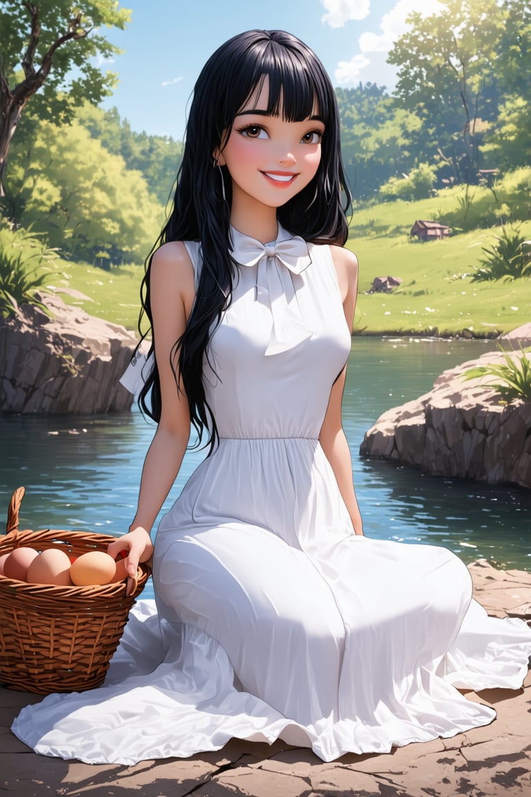 absurdres, highres, detailed, 8k uhd, masterpiece, best quality, high quality, ultra-detailed, (highly detailed), 

source_photo,ultra-detailed 8k, ,dynamic angle,ultraHD,ultrarealistic,

1girl, solo, black hair, long hair, straight hair, bangs, Asian, smiling, holding fan, wearing white dress, sundress, sleeveless dress, sitting, outdoors, nature, by the river, water, rock, basket of eggs, sunny, daylight, lush, greenery, serene, peaceful, looking at viewer, summer, 

,Comix_style