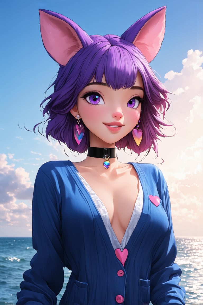 1girl,looking at viewer,blush,bangs,shirt,hair ornament,animal ears,jewelry,purple eyes,upper body,pink hair,purple hair,heart,multicolored hair,earrings,outdoors,parted lips,open clothes,sky,choker,cloud,medium hair,water,from side,two-tone hair,looking to the side,gradient hair,ocean,black choker,cardigan,blue jacket,sunset,colored inner hair,heart earrings,heart choker 

,Comix_style