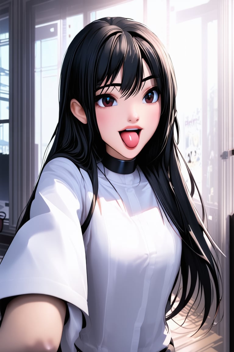 source_photo,ultra-detailed 8k, ,dynamic angle,ultraHD,ultrarealistic,

1girl, long hair, black hair, bangs, white shirt, choker, indoors, playful expression, tongue out, looking at camera, collar, black eyes, close-up, solo, selfie, casual

,Comix_style