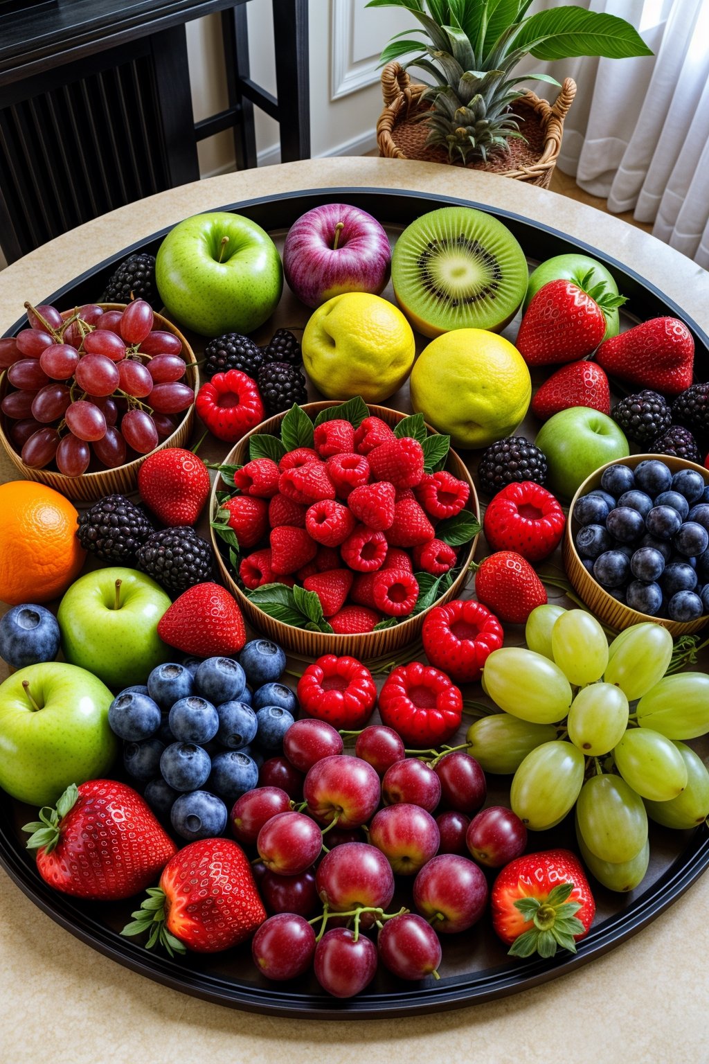 Tray with many fruits, in the center flowers, in the living room